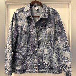 Chico's Blue Leaf Floral Denim Jean Jacket Size 4 (20/22)
